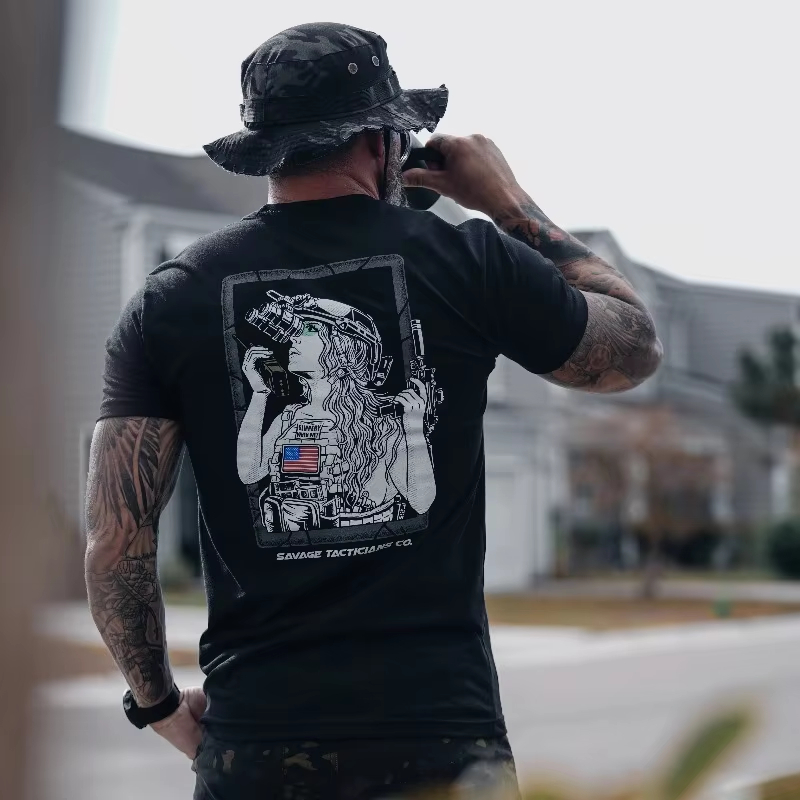 Street Fashion For Short Guys - เสื้อยืดผู้ชายสำหรับกีฬากลางแจ้ง เสื้อยืดแทคติคอล ระบายอากาศได้ดี คอโอ ผ้าฝ้าย แขนสั้น