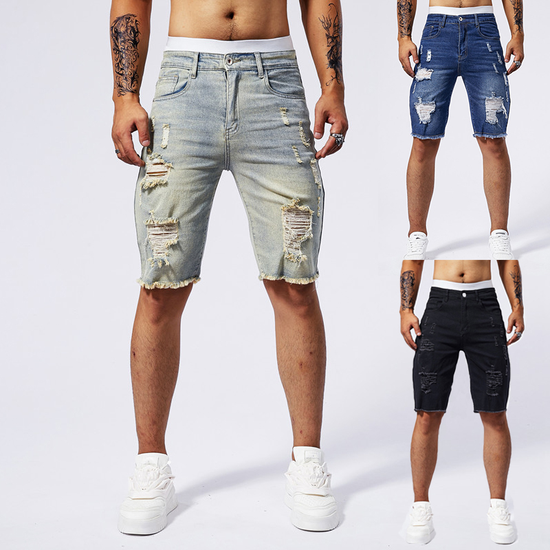 Street Fashion Men 2025 - 2025 ฤดูร้อนใหม่ผู้ชาย Ripped กางเกงยีนส์กางเกงขาสั้นแฟชั่น Vintage Hole