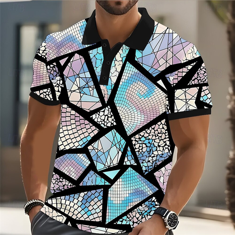 Street Fashion Men 2025 - 2025 เสื้อโปโลผู้ชายเสื้อกอล์ฟสีบล็อกรูปแบบพิมพ์เรขาคณิต Cuffs กลางแจ้ง Street แฟชั่นการออกแบบแขนสั้นสบายๆ