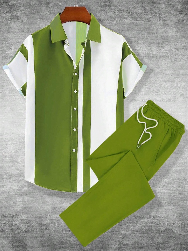 Street Fashion Men 2025 - ชุดเสื้อผ้าผู้ชายลายทางพิมพ์ลายสามมิติแบบเรียบง่ายสำหรับฤดูใบไม้ร่วงปี 2025 แฟชั่นสตรีทสไตล์เมือง ชุดเซ็ต 2 ชิ้น