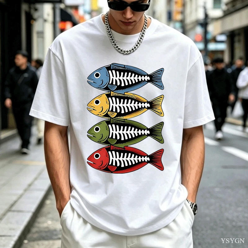 Street Fashion For Short Guys - เสื้อยืดผ้าฝ้ายผู้ชาย ลายกราฟิกโครงกระดูกปลา สีเรโทร คอกลม ทรงหลวม แขนสั้น