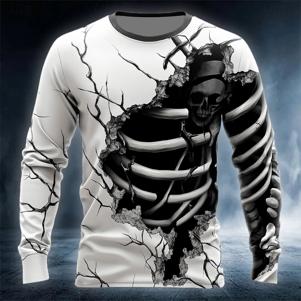 Street Fashion Y2K - เสื้อยืดผู้ชายลายหัวกะโหลก 3D สุดเท่ แฟชั่นหลวม แขนยาว สไตล์สตรีท