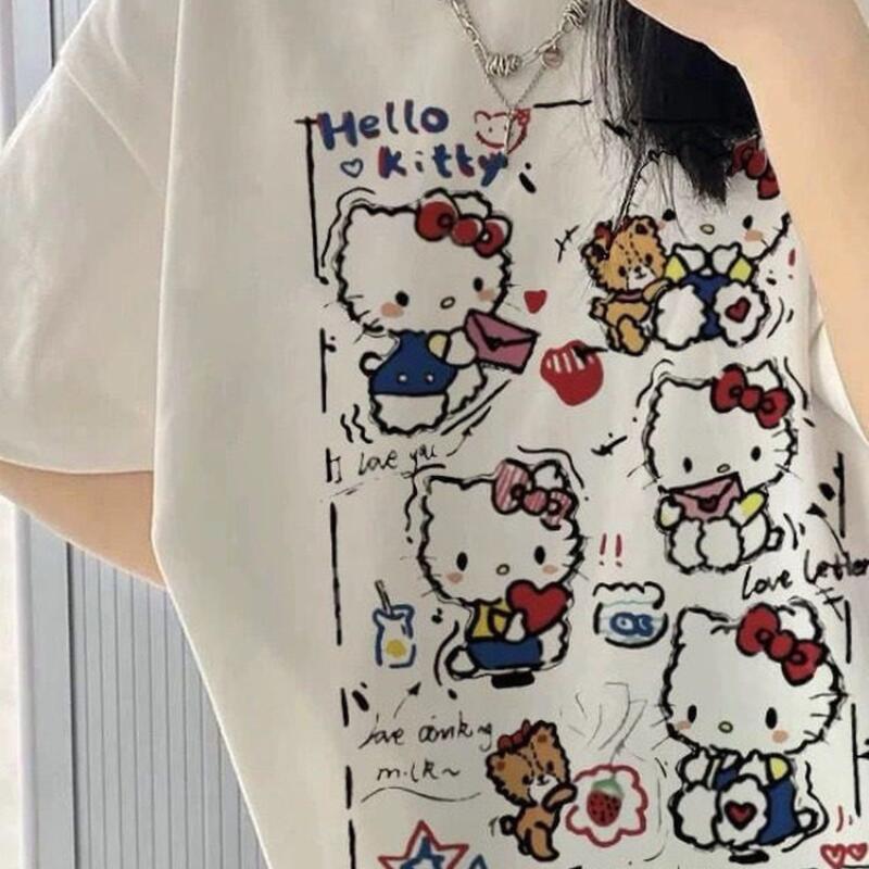 Street Fashion Y2K - เสื้อยืดแขนสั้นลายกราฟฟิตี้เฮลโล คิตตี้สำหรับผู้หญิง ผ้าฝ้าย Y2K ลายการ์ตูนน่ารัก แฟชั่นสตรีทสุดฮิต